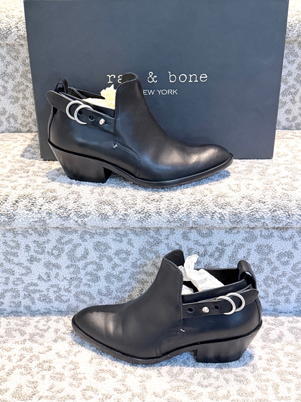 rag & bone Black Leather Cutout Ankle Boot with Buckle Straps